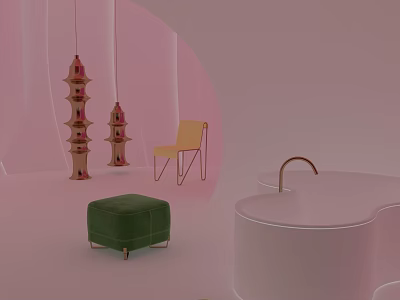 White Bathtub With Gold Handle In Pink Interior With Green Stool Yellow Chair And Decorations 3d model