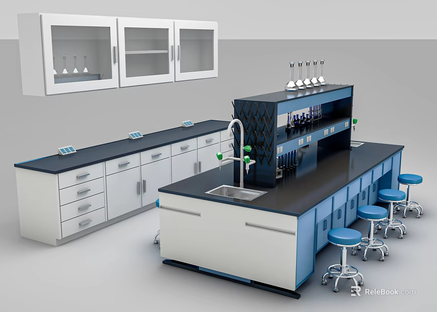 Laboratory Workbench With Glass Door Cabinets Sink Reagent Rack And Stools 3d model