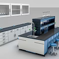Laboratory Workbench With Glass Door Cabinets Sink Reagent Rack And Stools 3d model