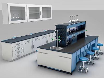 Laboratory Workbench With Glass Door Cabinets Sink Reagent Rack And Stools 3d model