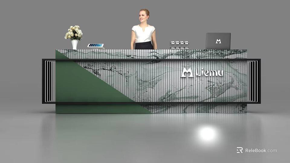Modern Reception Desk With Menu Logo Flower Vase Laptop And Office Accessories 3d model 