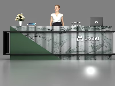 Modern Reception Desk With Menu Logo Flower Vase Laptop And Office Accessories 3d model
