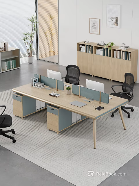 Modern Public Office Area Interior Design With Long Desk Dividers Computers And Office Chairs 3d model 