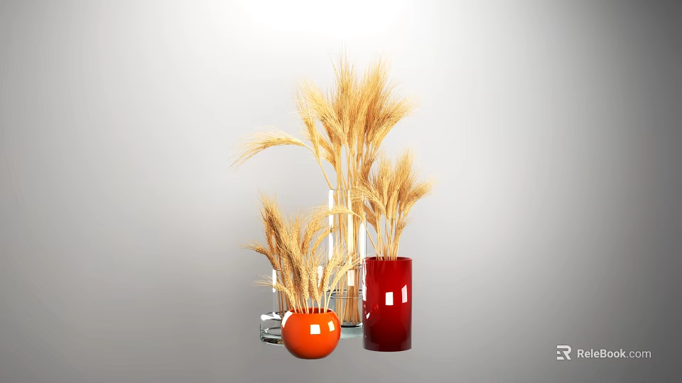Elegant Decorative Ornament Set With Wheat Stems In Orange Red And Transparent Vases 3d model 