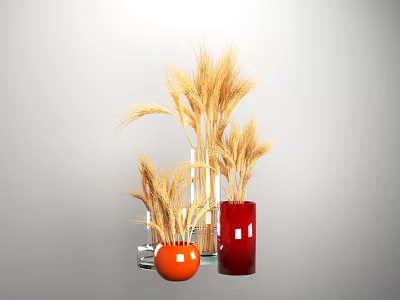 Elegant Decorative Ornament Set With Wheat Stems In Orange Red And Transparent Vases 3d model