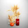 Elegant Decorative Ornament Set With Wheat Stems In Orange Red And Transparent Vases