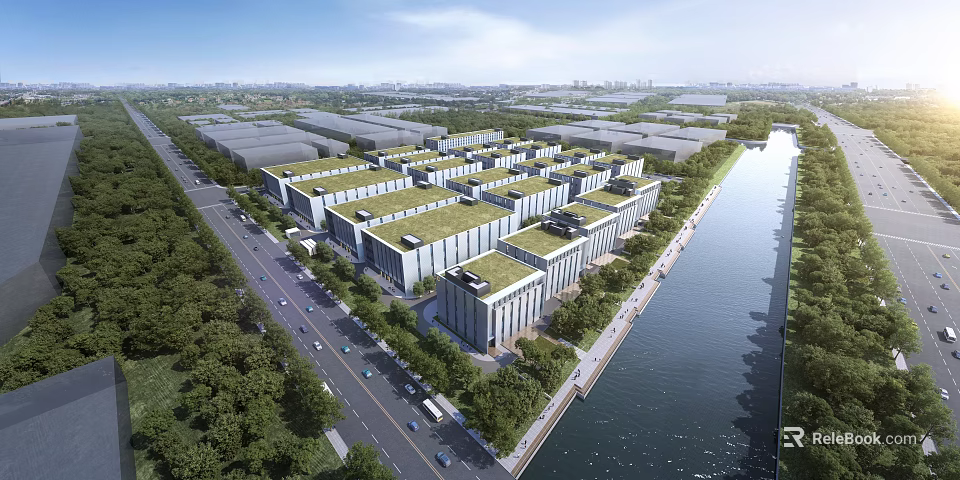 Aerial Planning of Modern Building Complex With Green Roofs River Roads And Trees 3d model 