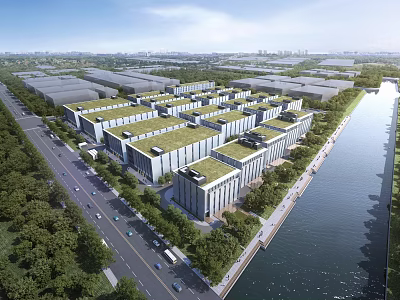 Aerial Planning of Modern Building Complex With Green Roofs River Roads And Trees 3d model