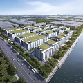 Aerial Planning of Modern Building Complex With Green Roofs River Roads And Trees