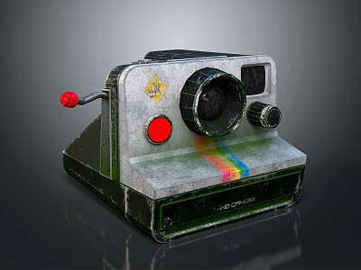 Vintage Polaroid Camera Electronic Device With Red Button And Rainbow Stripe Design 3d model
