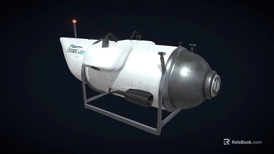 White And Silver Submersible With Metal Frame And Red Top Light 3d model 