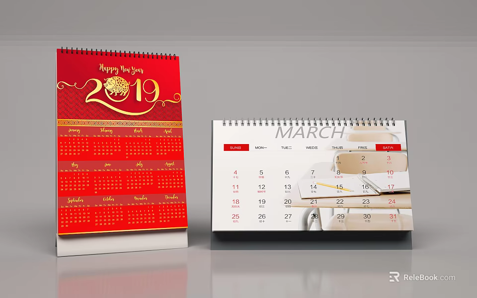 Red 2019 Happy New Year Desk Calendar With Gold Decor And White March Table Calendar 3d model 