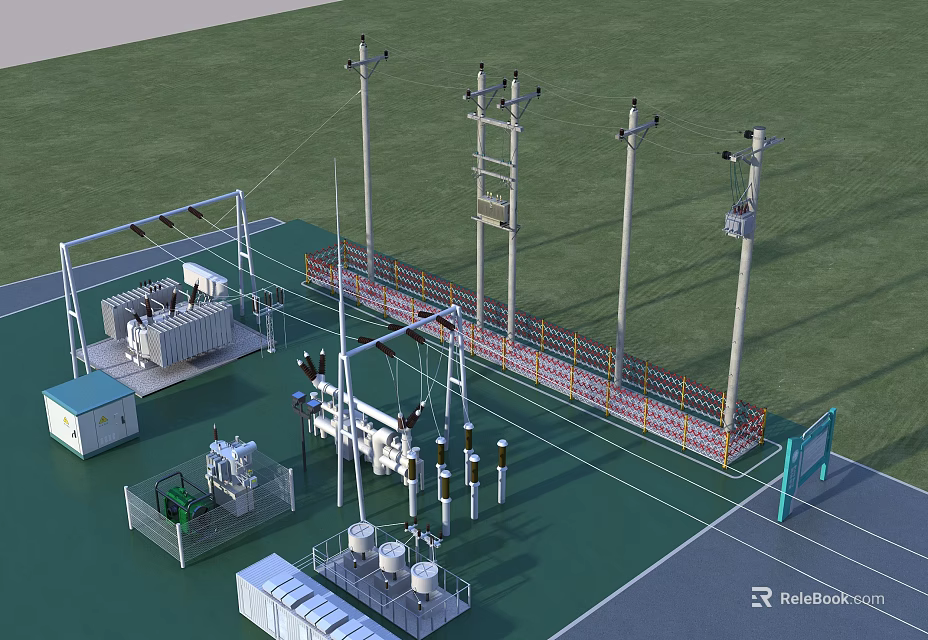 Road Infrastructure Featuring Utility Poles Substation Facilities Fencing Equipment Green Ground And Blue Building 3d model 