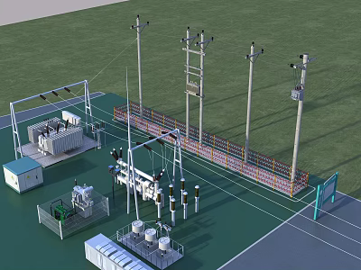 Road Infrastructure Featuring Utility Poles Substation Facilities Fencing Equipment Green Ground And Blue Building 3d model