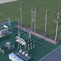 Road Infrastructure Featuring Utility Poles Substation Facilities Fencing Equipment Green Ground And Blue Building