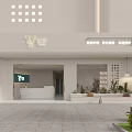 Minimalist Beauty Salon Interior With White Curved Reception Desk Green Doors And Plants