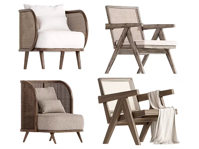 Stylish Leisure Chairs With Wicker Details Wooden Frames And Comfortable Cushions 3d model