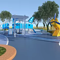 Vibrant Children's Play Area With Airplane Shaped Playground Equipment Trees And Colorful Ground
