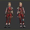3D Game Character Design Blonde Hair Red Combat Outfit Front Back View With Armor Details