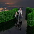 Path Between Lush Green Bushes With Mother And Child Walking Under Sunset Sky Reflections