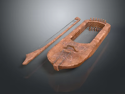 Ancient Wooden Lyre String Instrument With Carved Patterns And 3D Model Design 3d model