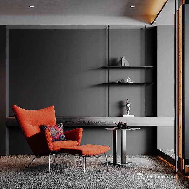 Stylish Orange Accent Chair With Ottoman Decorative Pillow And Side Table Against Dark Wall With Floating Shelves 3d model 