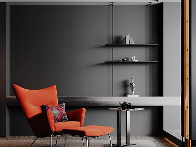 Stylish Orange Accent Chair With Ottoman Decorative Pillow And Side Table Against Dark Wall With Floating Shelves 3d model