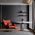 Stylish Orange Accent Chair With Ottoman Decorative Pillow And Side Table Against Dark Wall With Floating Shelves