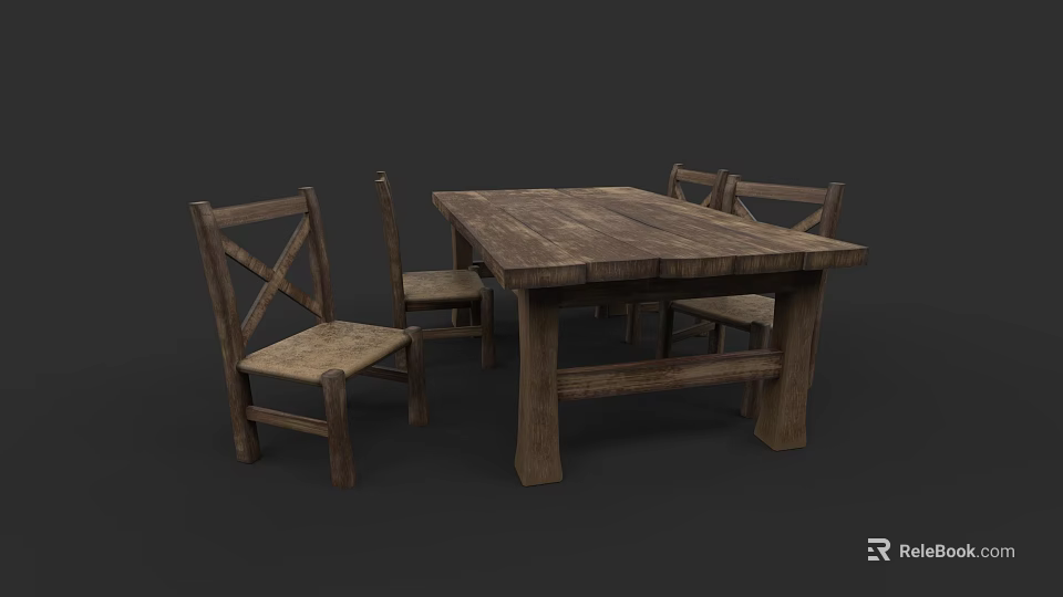 Rustic Solid Wood Dining Table Set With Cross Back Chairs And Classic Design 3d model 