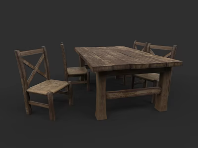 Rustic Solid Wood Dining Table Set With Cross Back Chairs And Classic Design 3d model