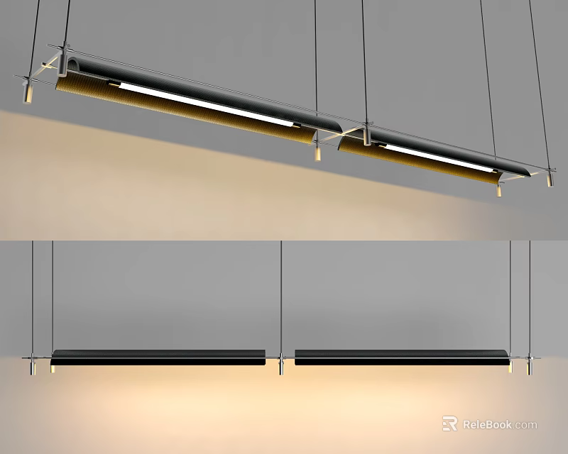 Modern Slim Strip Pendant Light Fixture With Black Yellow Details And Soft Illumination 3d model 