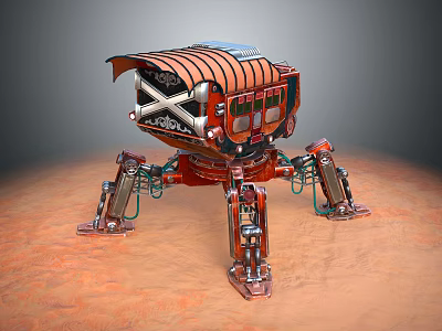 Intelligent Machine With Red Appearance Multiple Mechanical Legs And Solar Panels On Red Terrain 3d model