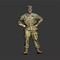 Military Soldier In Camouflage Uniform Standing With Hands On Hips Against Gray Background