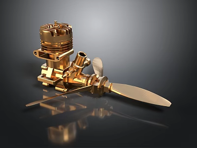Golden Mechanical Engine Device With Shiny Propeller Blade And Metal Components 3d model