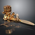 Golden Mechanical Engine Device With Shiny Propeller Blade And Metal Components