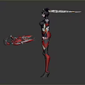 Futuristic Game and Movie Character With Red and Black Costume Jester Hat And Mechanical Armor