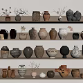 Various Ceramic Vessels Displayed on Shelves with Different Shapes and Sizes 3d model