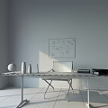 Modern Minimalist Desk And Chair Set With Corkboard Photos Globe Vases Laptop And Books