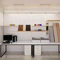 Home Office Desk With Pegboard Displaying Wooden Panels Fabric Swatches And File Cabinets