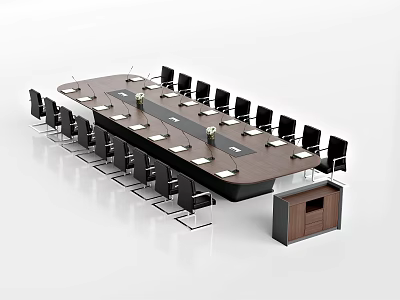 Large Modern Conference Table With Black Chairs And Document Holders Arranged In Office Meeting Room 3d model