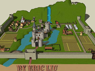 Medieval Ancient Architecture Castle With Towers Surrounding City Walls River And Farmland 3d model