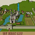 Medieval Ancient Architecture Castle With Towers Surrounding City Walls River And Farmland