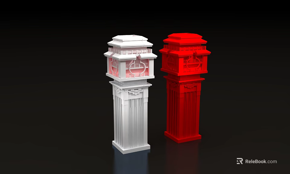 Two Decorative White And Red Pillars With Ornamental Lantern Style Tops 3d model