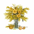 Decorative Ornament Set With Yellow Flowers In Transparent Glass Vase And Lemons