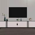 Modern White TV Stand With TV And Decorative Items On Minimalist Wall