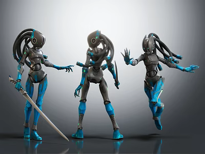 Sci Fi Robot Characters With Blue Gray Mechanical Bodies In Dynamic Action Poses 3d model