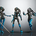 Sci Fi Robot Characters With Blue Gray Mechanical Bodies In Dynamic Action Poses 3d model