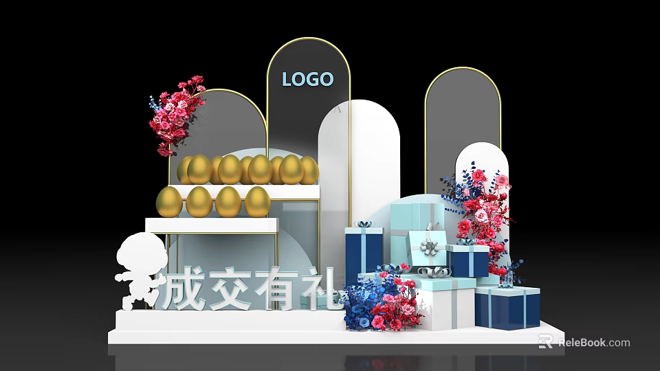 Promotion Event Setup With Golden Eggs Gift Boxes Floral Decor And LOGO 3d model 