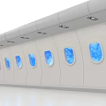 Modern White Symmetric Activity Passageway With Curved Structure Blue Windows And Black Doors