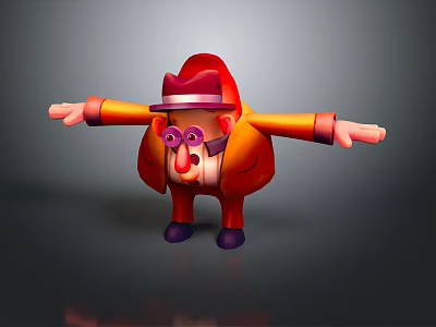 3D Cartoon Game Character Wearing Red Hat Orange Coat With Purple Nose Arms Outstretched 3d model